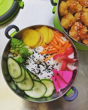 Fried cauliflower with rice and veggies pickled in anis vinegar. at BeetBox in Slovenj Gradec