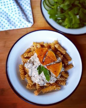 Pasta with mushroom sauce and baked pumpkin at BeetBox in Slovenj Gradec