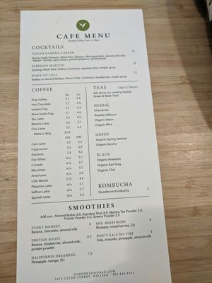 Drink menu at cafe at Garden Food Bar & Lounge in Halifax