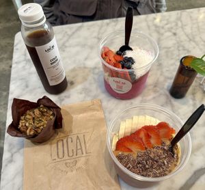 Pink Bowl, PB & Açaí Bowl, Power Muffin, and Cold Brew    at The Local Juicery + Kitchen in Chattanooga