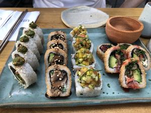 4 of the 5 sushi rolls - the left one was my favourite, but the two crispy ones were also fab!   at Let it V - plant based in Buenos Aires