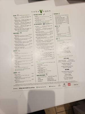 Menu at SoBe Vegan in Fort Lauderdale