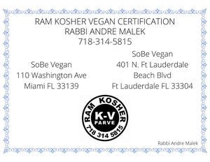 We are certified kosher! 💚 at SoBe Vegan in Fort Lauderdale