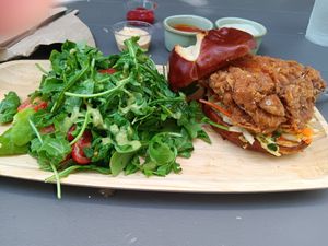 Mushroom sandwich with arugula salad at SoBe Vegan in Fort Lauderdale