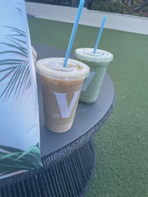 Decaf coffee and matcha lattee  at SoBe Vegan in Fort Lauderdale