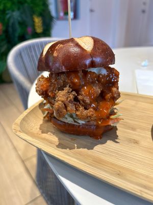 Crispy mushroom sandwich on pretzel roll    at SoBe Vegan in Fort Lauderdale