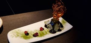 Vanilla ice cream and grean tea mochi rice cake dessert at Vegan Ramen UZU Kyoto in Kyoto