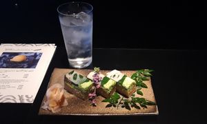 Pressed sushi and gin & soda at Vegan Ramen UZU Kyoto in Kyoto