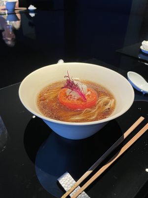 Soy tomato ramen. Absolutely delicious broth  at Vegan Ramen UZU Kyoto in Kyoto