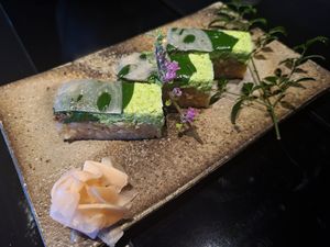 Pressed sushi appetizer at Vegan Ramen UZU Kyoto in Kyoto