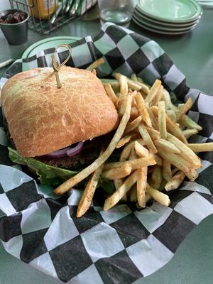 Emerald burger w/ fries  at Zion Brewery in Springdale