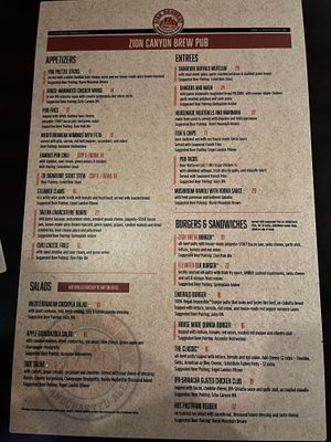Menu  at Zion Brewery in Springdale