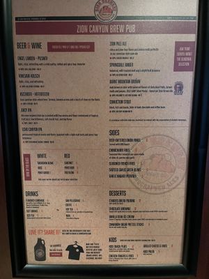 Menu  at Zion Brewery in Springdale