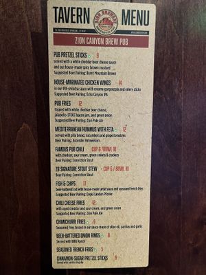 Tavern menu  at Zion Brewery in Springdale