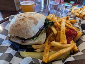 Impossible Burger and fries at Zion Brewery in Springdale