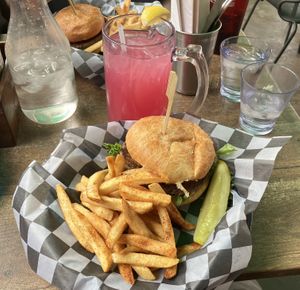 Emerald (Impossible) burger, fries, prickly pear lemonade   at Zion Brewery in Springdale