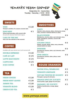 Menu English 2 old
Prices at Yemaya's Vegan Corner in Amsterdam