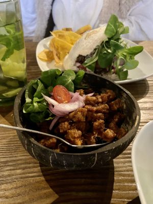 Portion of spicy tempeh at Yemaya's Vegan Corner in Amsterdam