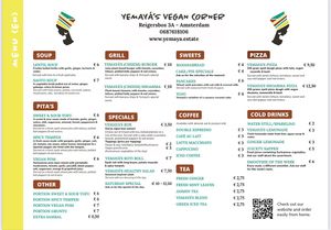 New prices English menu as of may 1st at Yemaya's Vegan Corner in Amsterdam