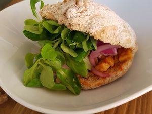 Sweet and sour tofu on the best pita I ever had at Yemaya's Vegan Corner in Amsterdam