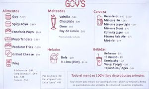Menu as of Oct 2022  at Goy's Plant-Based Burgers - Álvaro Obregón in Mexico City
