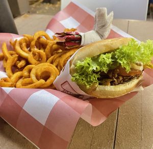 Burger and seasoned curly fries  at Goy's Plant-Based Burgers - Álvaro Obregón in Mexico City