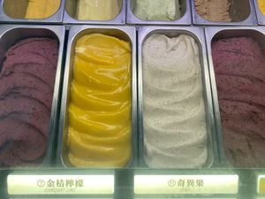 Two of the six vegan frozen dessert options: kumquat lime and kiwi at Fourth Credit Union in Taichung