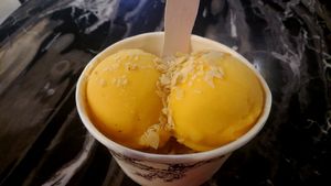Mango and maracuja (recommended for people who like sour ice cream!) with almond splits 160NTD at Fourth Credit Union in Taichung