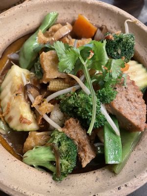 Pot with rice noodles veggies and tofu/seitan  at Tokygon in Wiesbaden