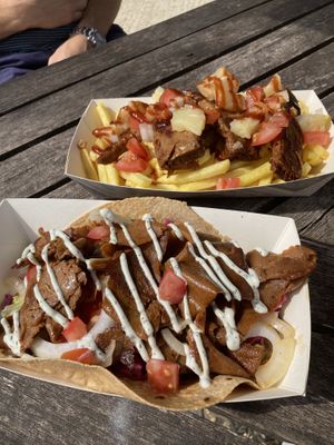 Top is ribs with chips and pineapple salsa; bottom is donner kebab.  at VGF Food in Southampton