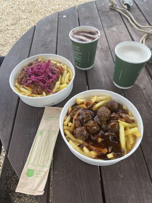 Chilli chips, meatballs chips and gravy, hot choc and latte   at VGF Food in Southampton