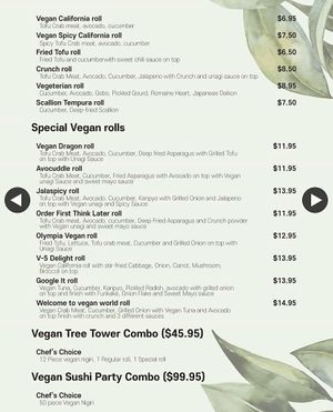 Sushi roll vegan menu at Kamakura in Lacey