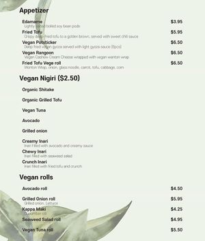 Vegan appetizer menu at Kamakura in Lacey