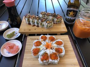 Top:Vegan Dragon roll.   Bottom: Vegan Spicy California Roll.    Right: Vegan Thai Milk Tea  at Kamakura in Lacey