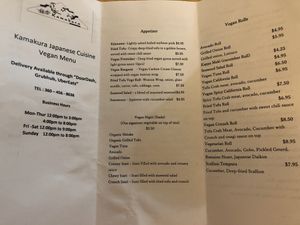Updated extensive vegan menu pg.1 at Kamakura in Lacey