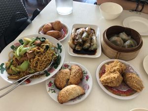 Combination Chow Mien, Combination dumplings, XO noodles, mushroom dumplings, bbq pork dumplings, taro dumplings.  at Easy House in Gold Coast