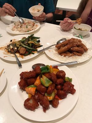 Sweet & sour pork, honey chicken, black bean beef (half eaten) and combination fried rice. at Easy House in Gold Coast