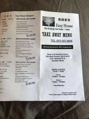 Takeaway menu  at Easy House in Gold Coast