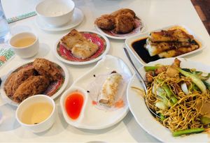 Taro dumplings, radish cakes, sesame prawn rolls, xo noodles and combination chow mein  at Easy House in Gold Coast