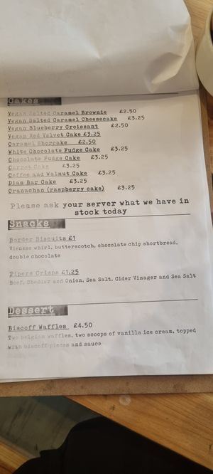 Snacks dessert menu (some vegan cakes) at Cafe Indie in Scunthorpe