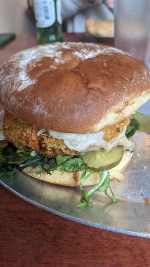 Vegan crab cake burger with vegan mozzarella at Tommyknocker's in Port Townsend