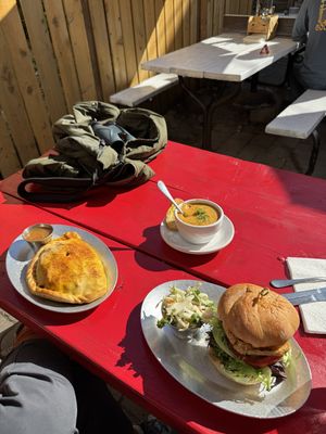 veggie soup, vindaloo pasty, vegan crab cake sandwich  at Tommyknocker's in Port Townsend