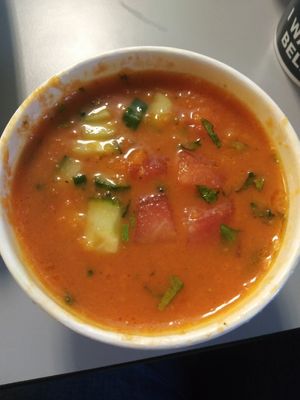 Seasonal vegan soup-tomato watermelon gazpacho at Tommyknocker's in Port Townsend