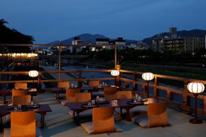 Outdoor tables at Honke Tankuma Honten in Kyoto