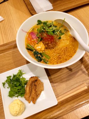 Golden sesame tantanmen with extra vegan cheese, soy chashu and coriander at T's Tantan - JR Ikebukuro in Tokyo
