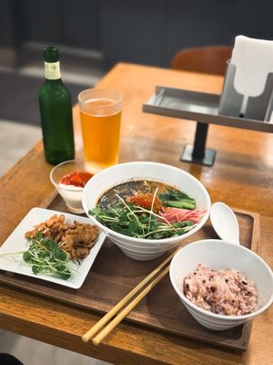 Black sesame ramen set with hartland beer   at T's Tantan - JR Ikebukuro in Tokyo