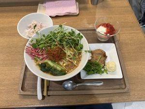 Golden Sesame “meal” with soy meat, coriander, and vegan cheesee  at T's Tantan - JR Ikebukuro in Tokyo