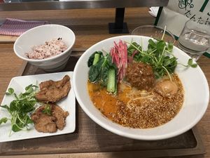 Golden Sesame Tantanmen set with additional soy meat - yum!  at T's Tantan - JR Ikebukuro in Tokyo