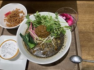 Black sesame Tanten set. Ramen great but sides and dessert not necessary imo  at T's Tantan - JR Ikebukuro in Tokyo