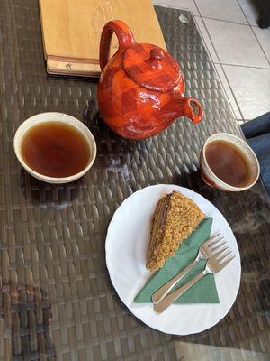 Chocolate rooibos tea and vegan ‘Marlenka’ cake  at Cafe Nateeva in Prievidza